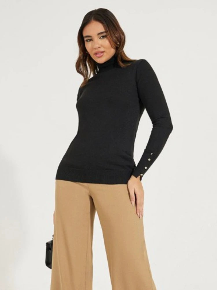 Women's Cropped Basic Turtleneck Sweater Long Sleeves with Buttons
