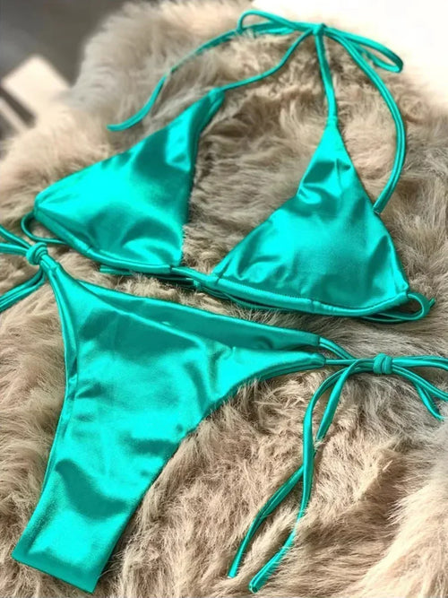 Halter Brazilian Metallic Satin Bikini Women Swimwear Female Swimsuit - Norellé