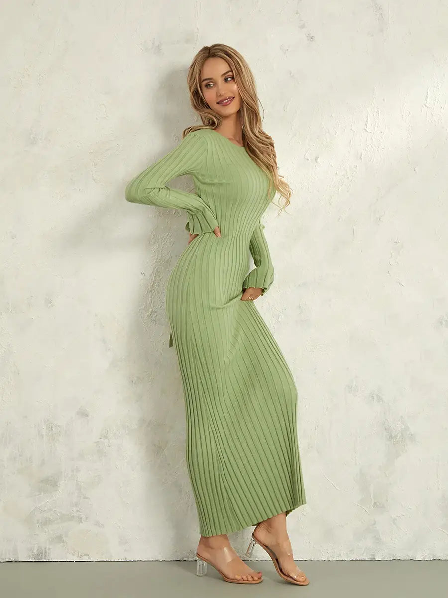 Women Lace-up Knit Dress Elegant Long Sleeve