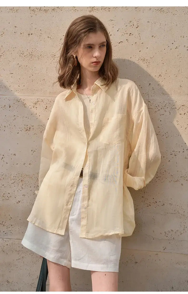 Women’s Lapel Long-Sleeved White Casual Loose Blouse