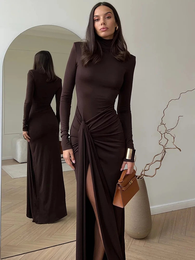 Turtleneck Thigh High Split Maxi Dress For Women Fashion - Norellé