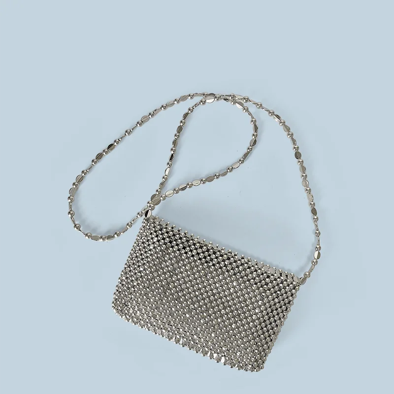Summer Retro Silver Hollow Design Handmade Beaded Flip Phone Bag