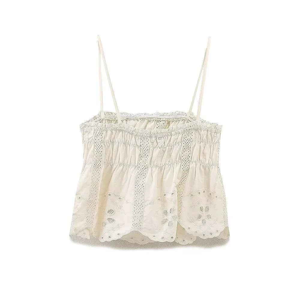 Women's Casual Elegant Embroidered Strap Top&Lace Shorts Set