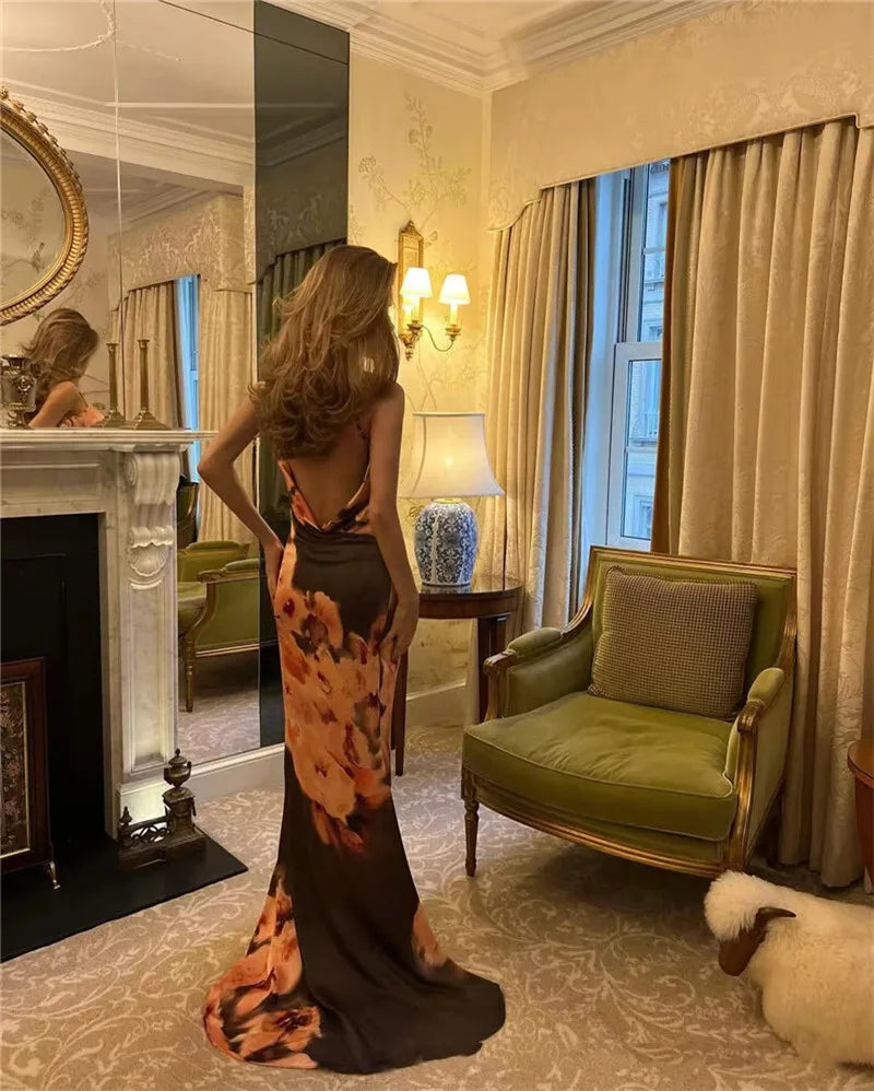 Satin Floral Print Maxi Dress Women