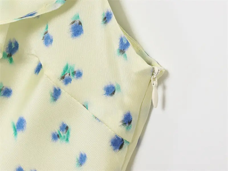 French Retro Silk Satin Texture Printed Round Neck Dress