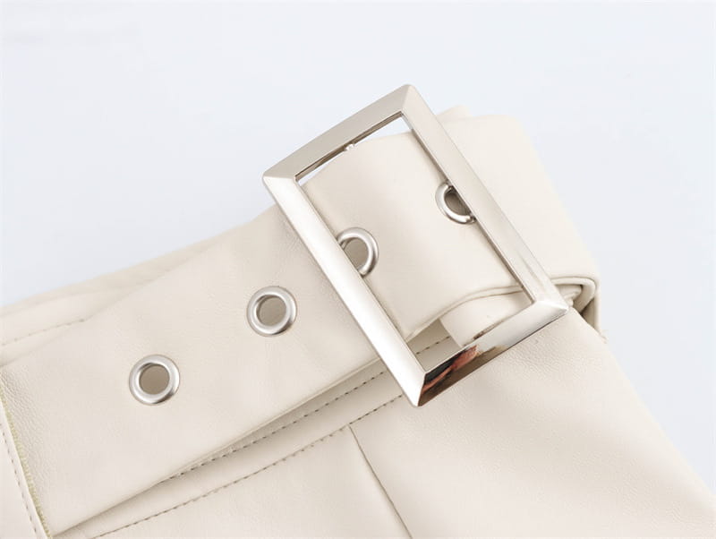 High Waist Pure Color With Belt A- Line Faux Leather Midi Skirt