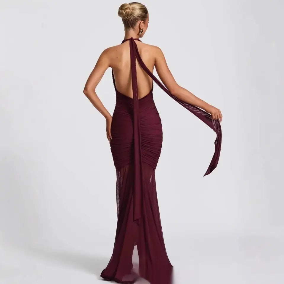 Wine Red Lace Deep V Dress