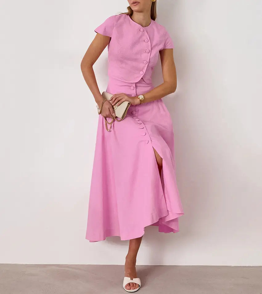 Cotton High Waist V-neck Dress Suit