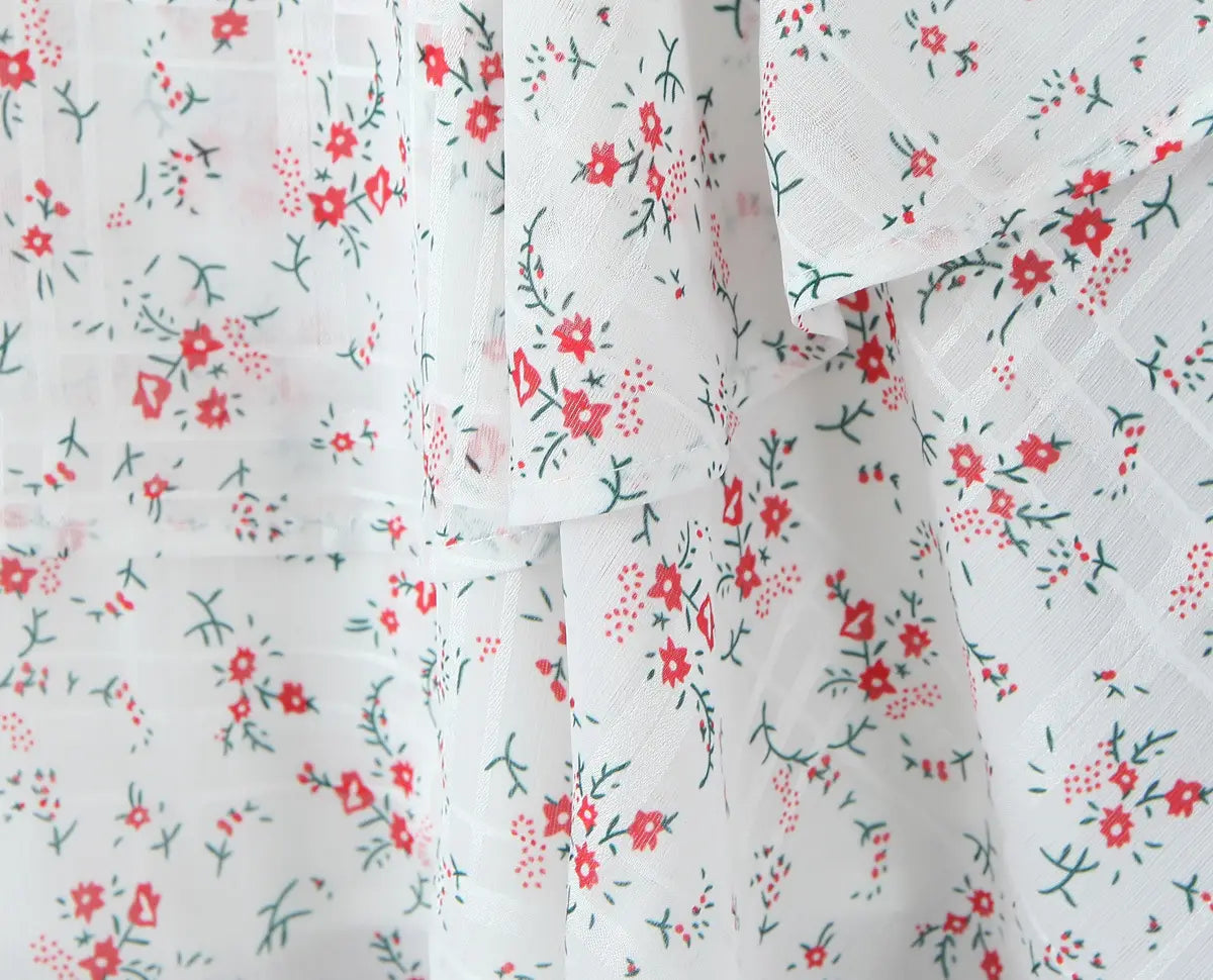 French Sweet Style Lace Stitching Flower Printed V-neck Short Sleeve Dress