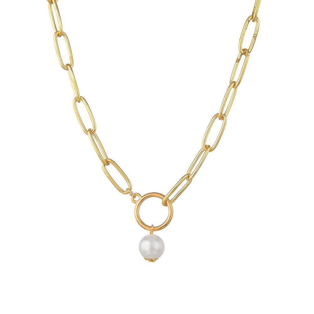 Hoop And Pearl Pendant Metal Clavicle Chain Necklace - Norellé