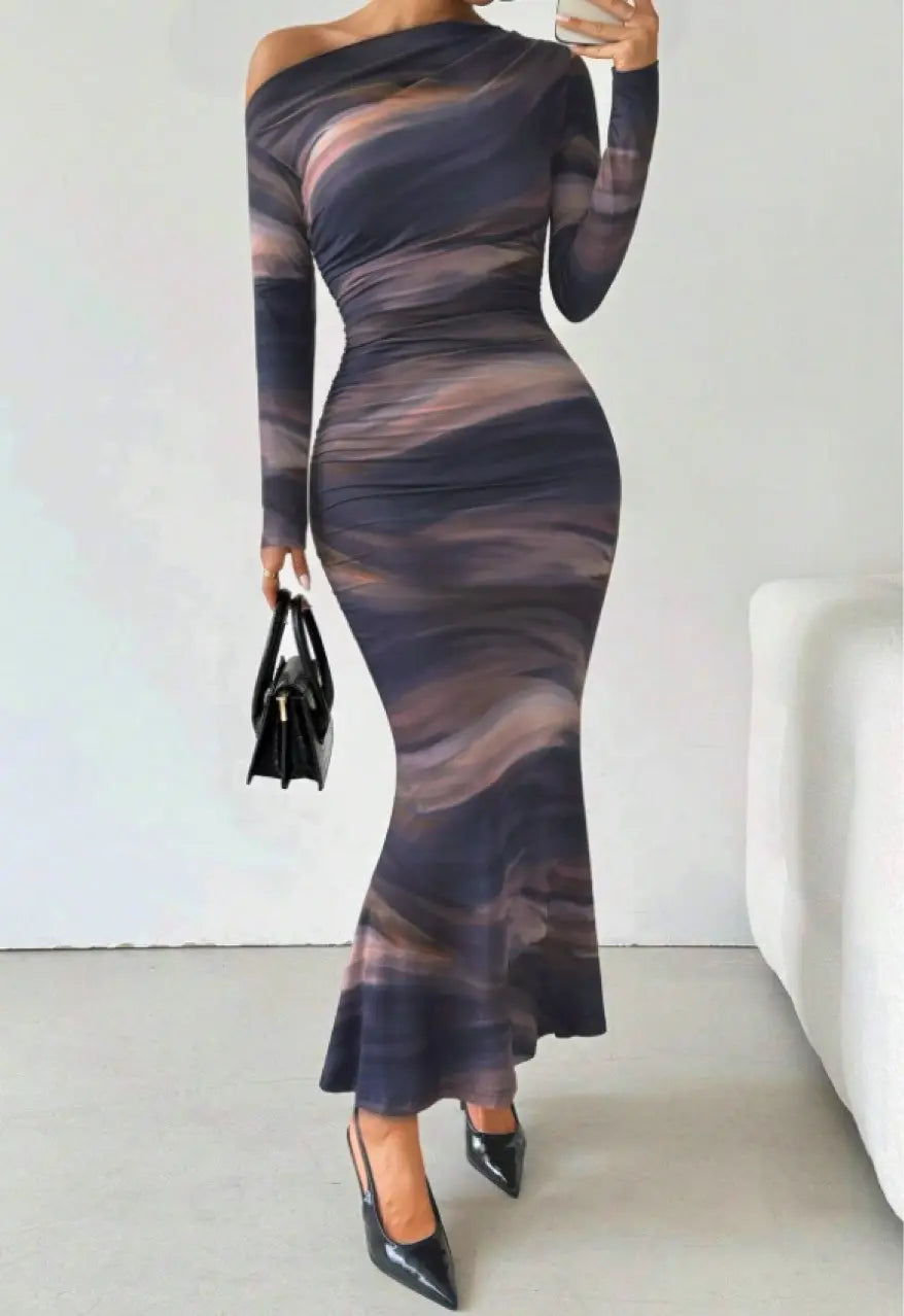Tie-dyed Crossbody Shoulder Asymmetric Fold Dress