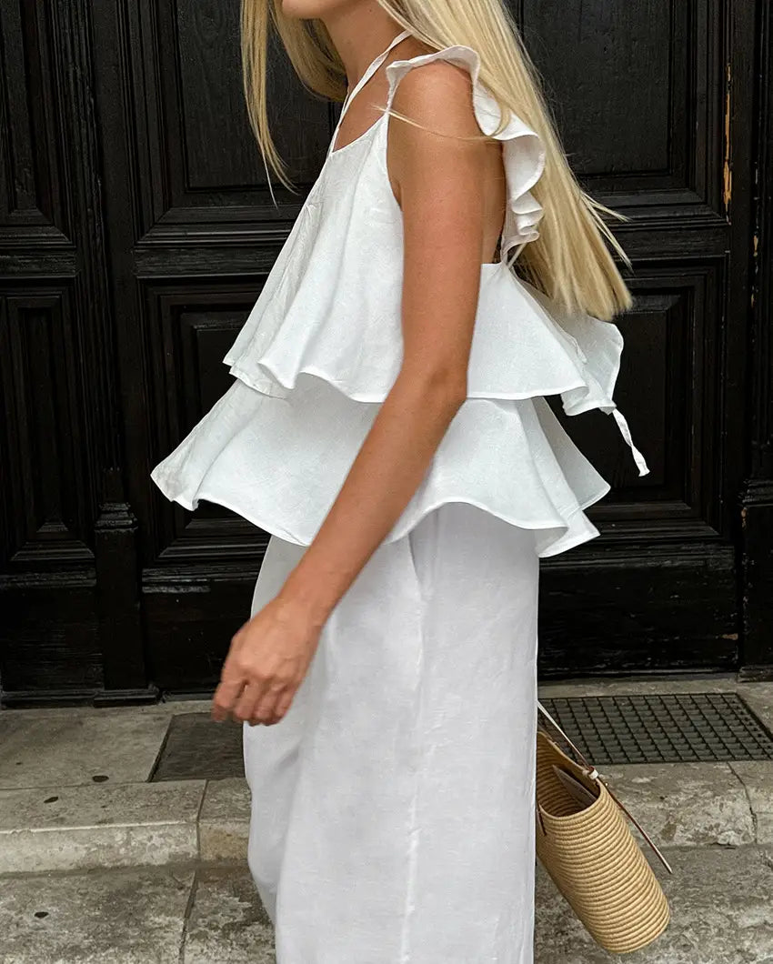 Cotton And Linen V-neck Backless Lace-up Top High Waist Casual Trousers Suit