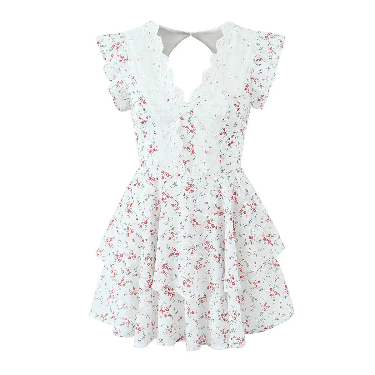 French Sweet Style Lace Stitching Flower Printed V-neck Short Sleeve Dress