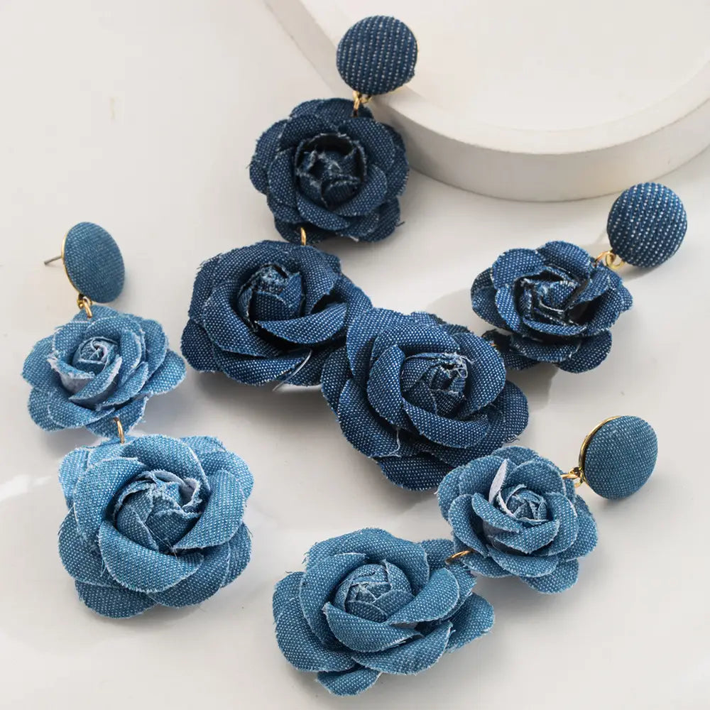 Fall Winter Cowboy Fabric Flower Earrings Multi-layer Long