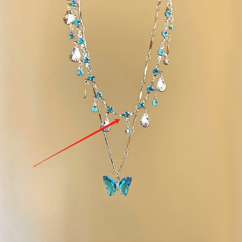 Blue Butterfly Double-layered Tassel Necklace Summer - Norellé