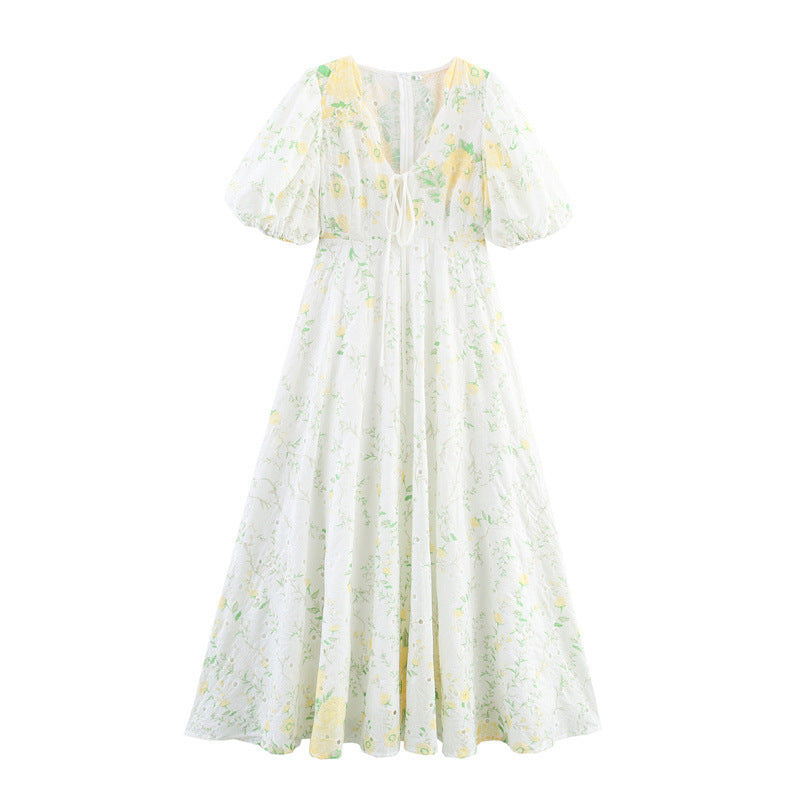 Printed V-neck Puff Sleeve Dress - Norellé