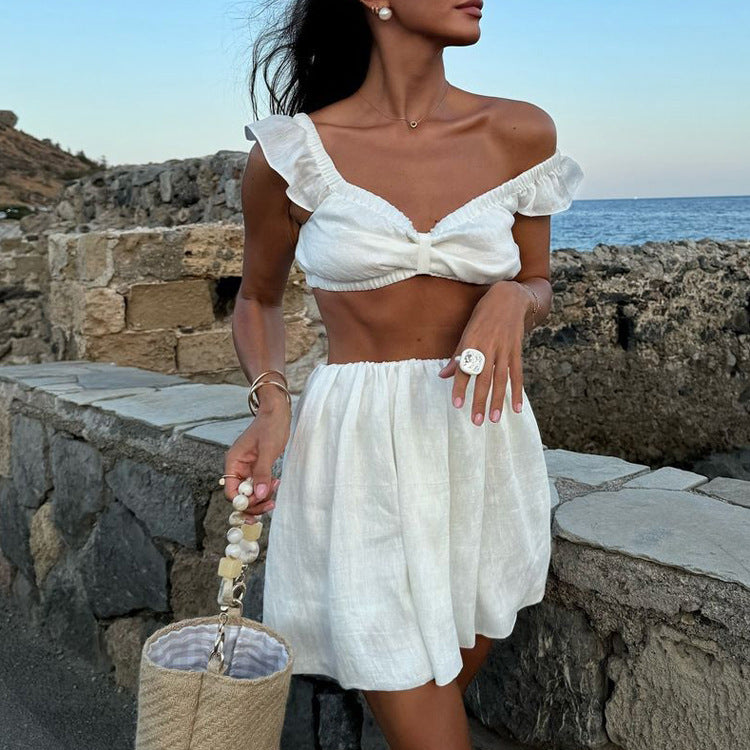 White Sleeveless Camisole High Waist Short Skirt Two-piece Set - Norellé