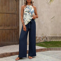 Women's 2 Piece Outfits Casual Sleeveless Halter Neck Crop Tops Wide Leg Pants Set - Norellé