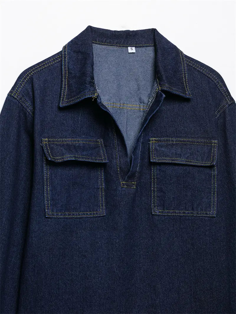 Fashion Loose Blue Denim 2-piece Set Vintage Long Sleeve Shirt Trousers