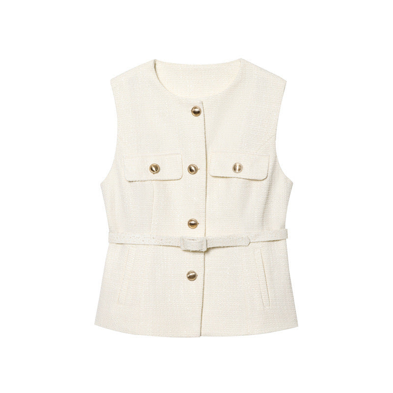 Metal Clasp With Belt Punk Texture Crew Neck Vest - Norellé