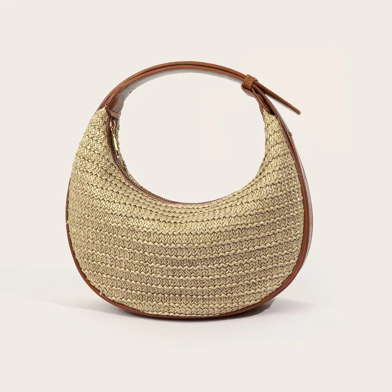 Adjustable Half-Moon Handbag - straw-khaqi