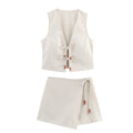 All-match V-neck Beaded Lace-up Vest Skirt Suit - Other