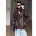American Retro Brown Faux Leather Jacket Women