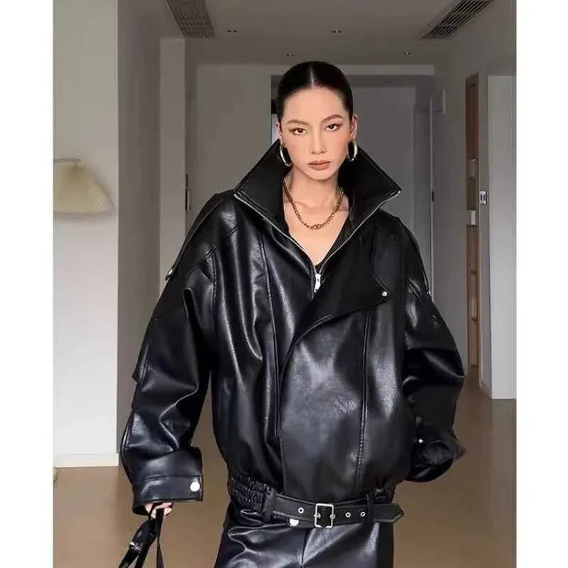 American Retro Brown Faux Leather Jacket Women