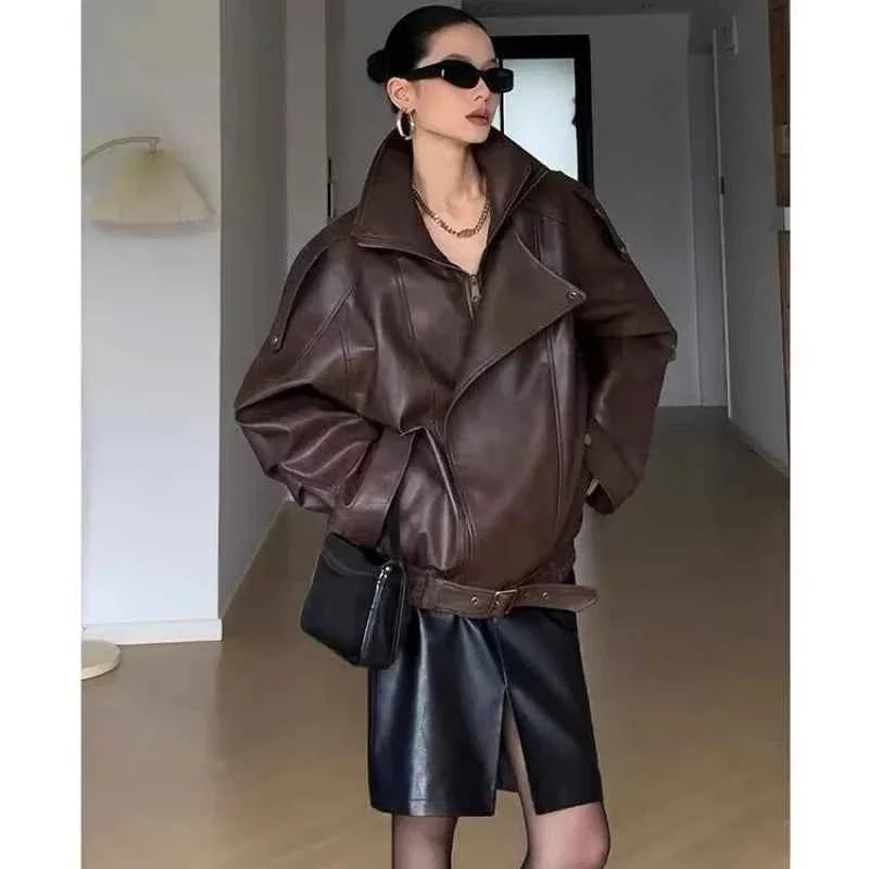 American Retro Brown Faux Leather Jacket Women
