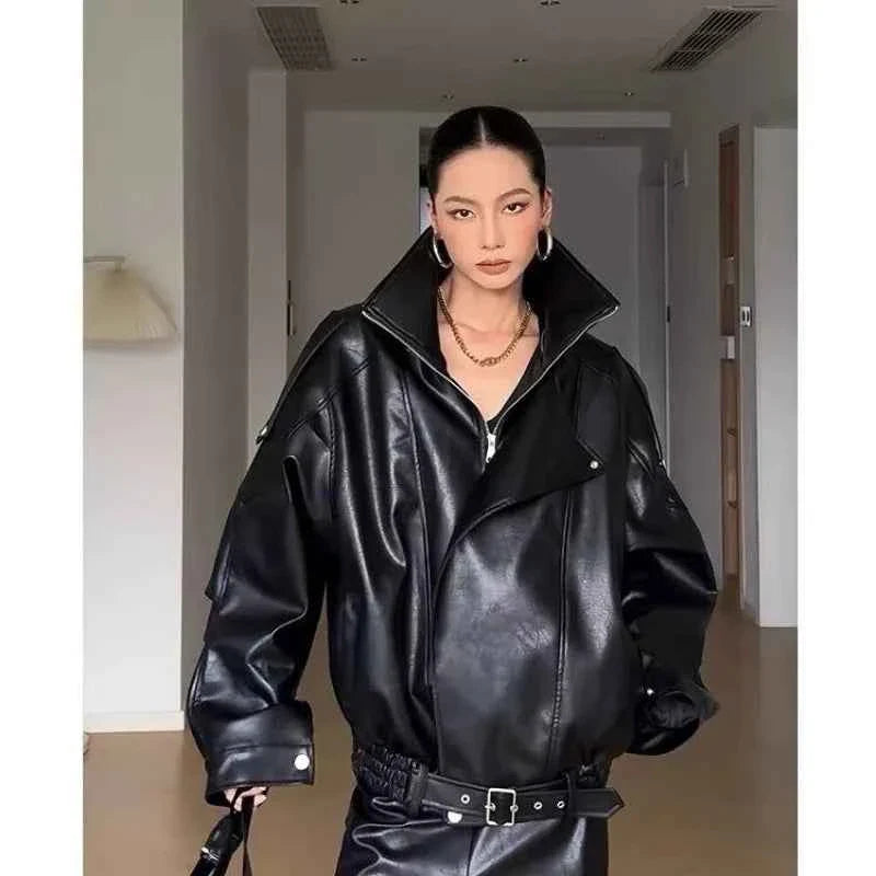 American Retro Brown Faux Leather Jacket Women