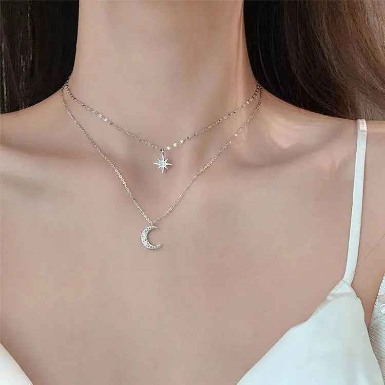 Asterism Moon Double-layer Necklace For Women - White K - electronic accessories