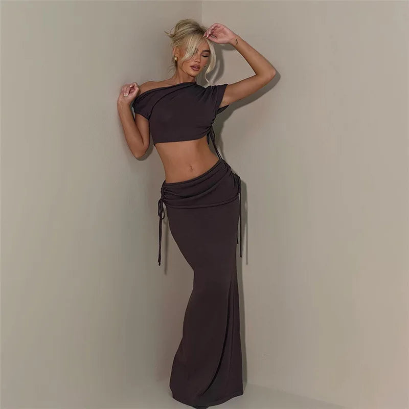 Asymmetric Drawstring 2 Piece Dress Sets - brown / M