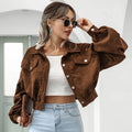 Autumn Cropped Corduroy Jackets - Brown / XL