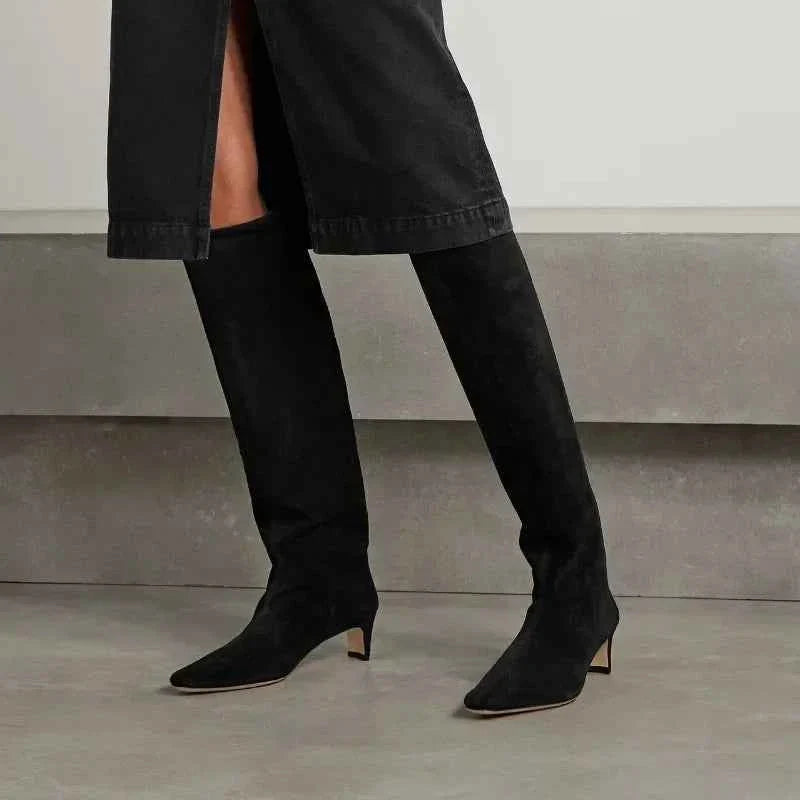 Autumn Winter Square Toe Low Heeled Suede Long Boots