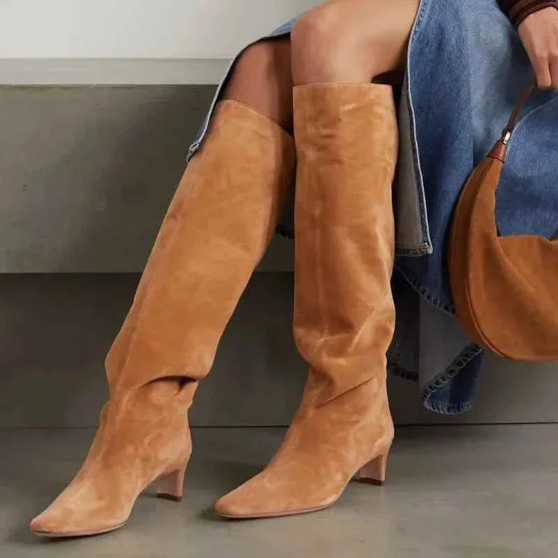 Autumn Winter Square Toe Low Heeled Suede Long Boots