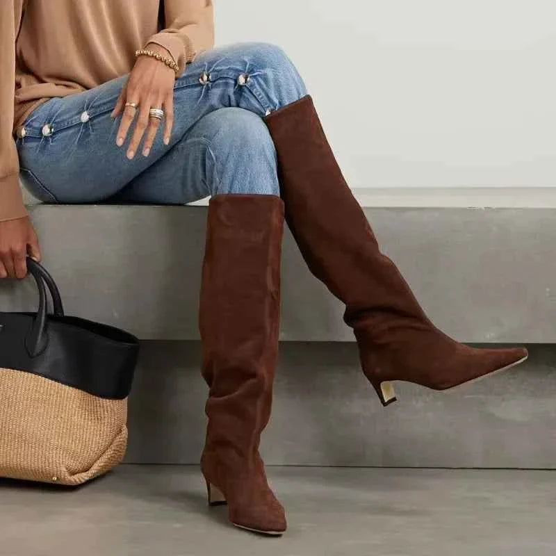 Autumn Winter Square Toe Low Heeled Suede Long Boots