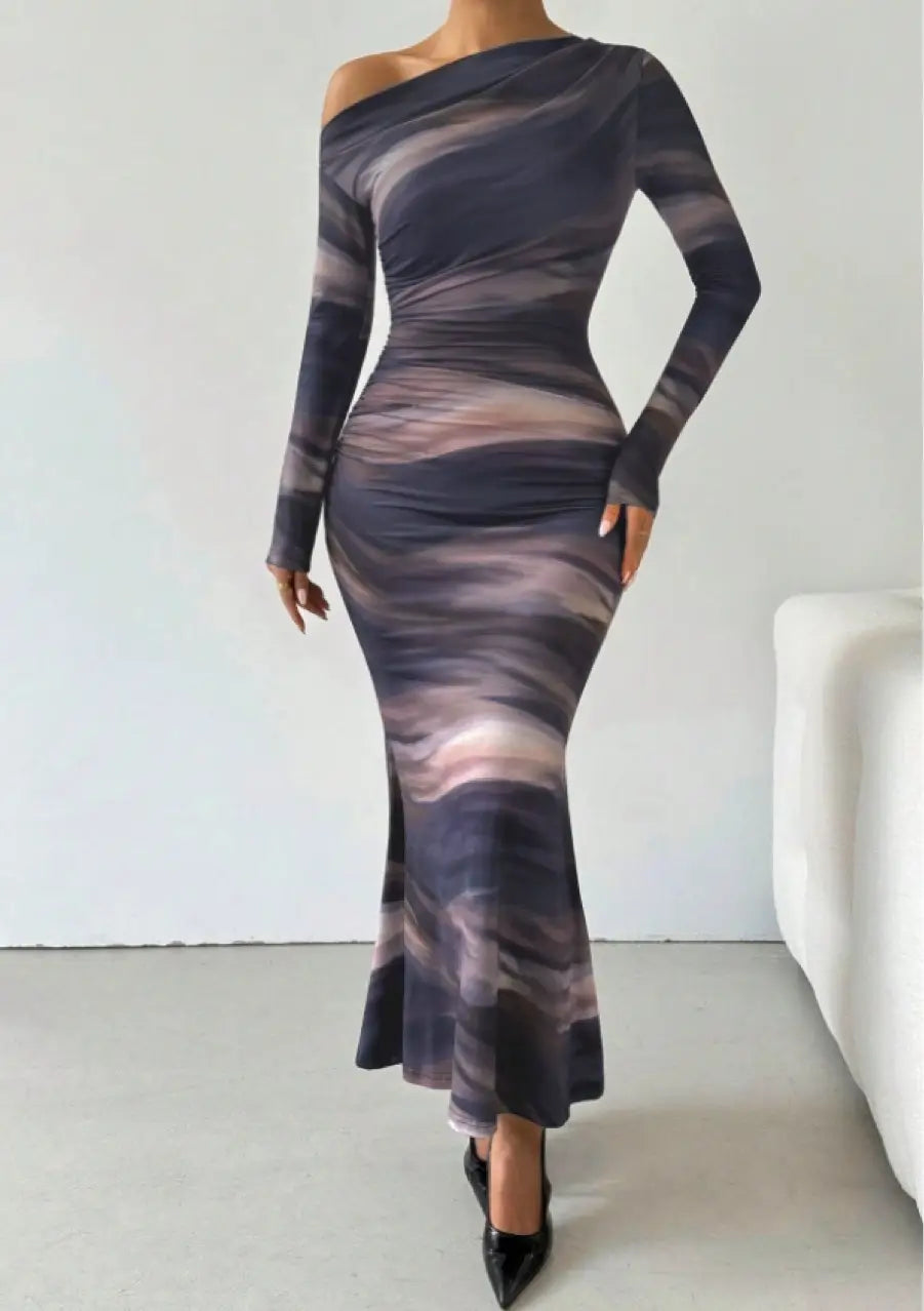 Tie-dyed Crossbody Shoulder Asymmetric Fold Dress