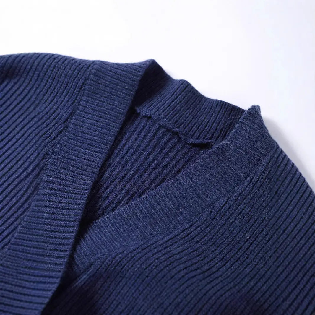 Dark Blue Irregular V-neck Fitted Waist Sweater Knitwear