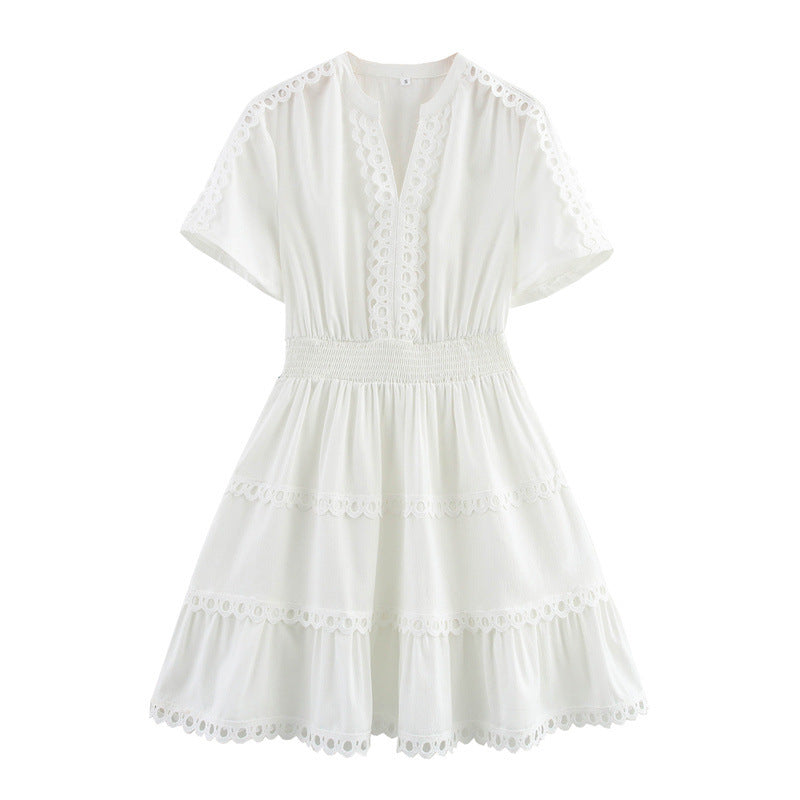 Hollow Design Tight Waist A Swing Short Sleeve Dress - Norellé