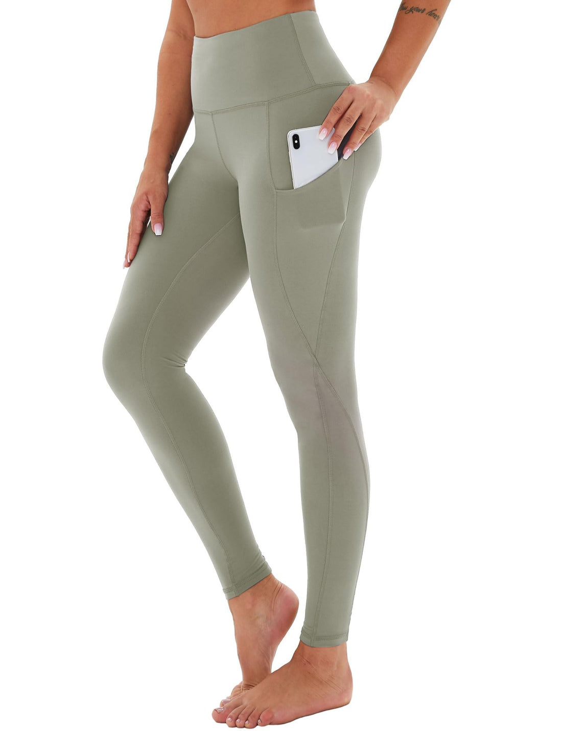 Yoga Pants - Cropped High-waisted Slanted Pockets Polyester Double Grind Gray Green - Norellé