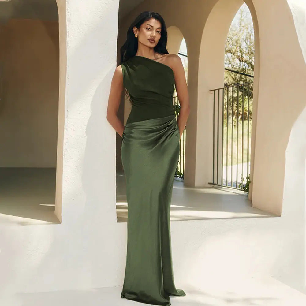 Satin Elegant Slim-fit One-shoulder Dress Sheath