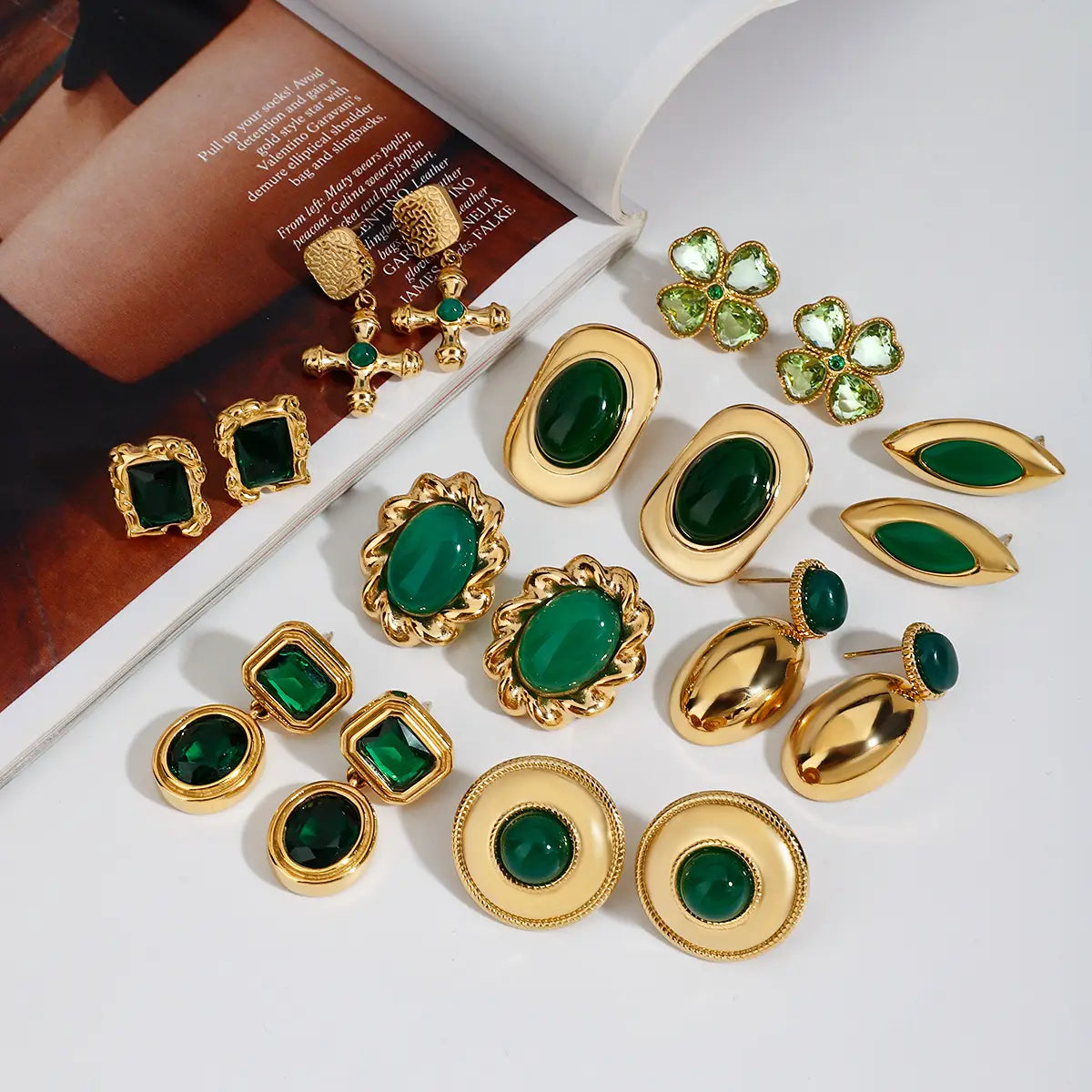 Stainless Steel Studs Ornament Green Agate