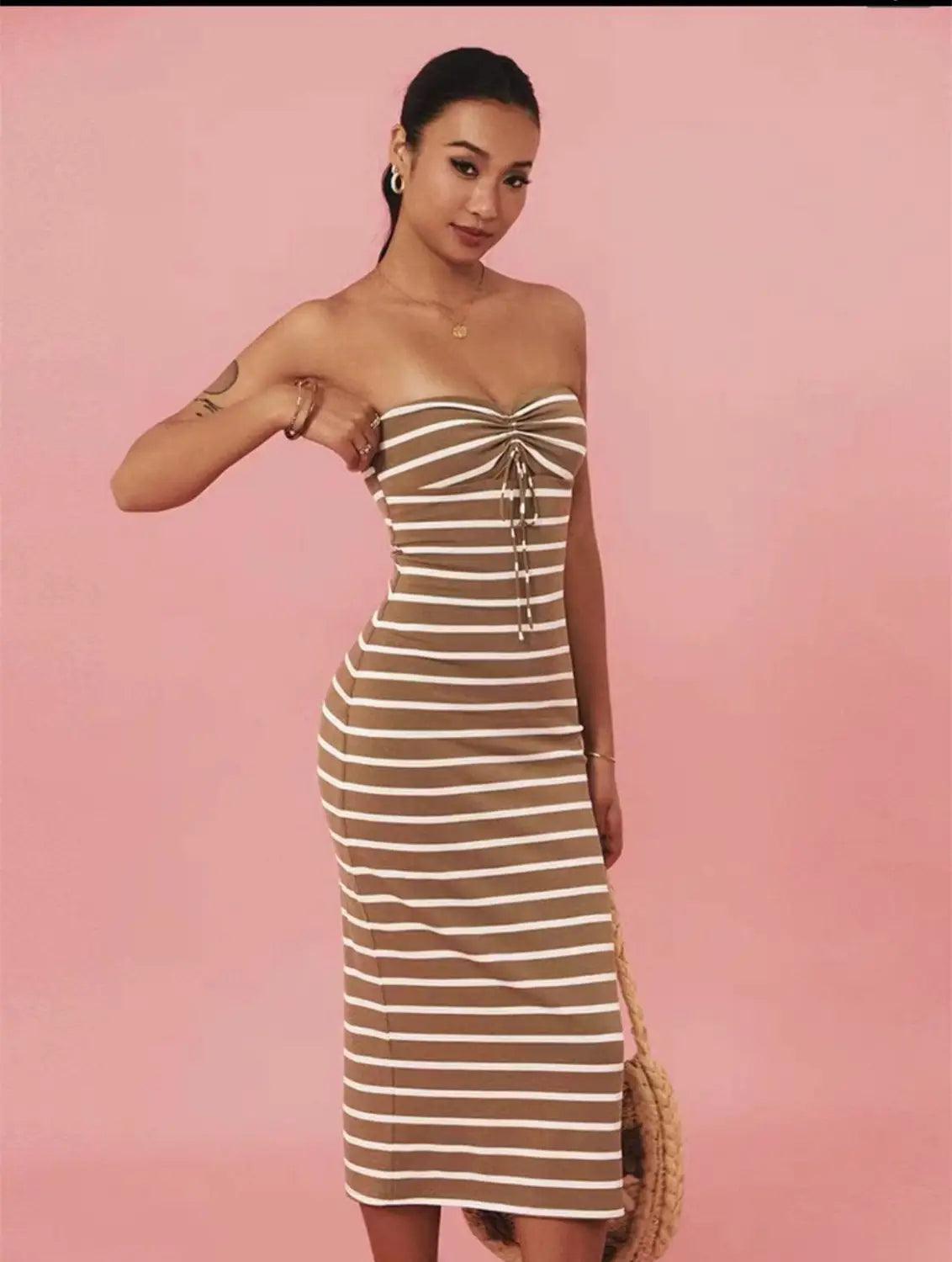 Striped Chest Wrap Hollow Pencil Dress