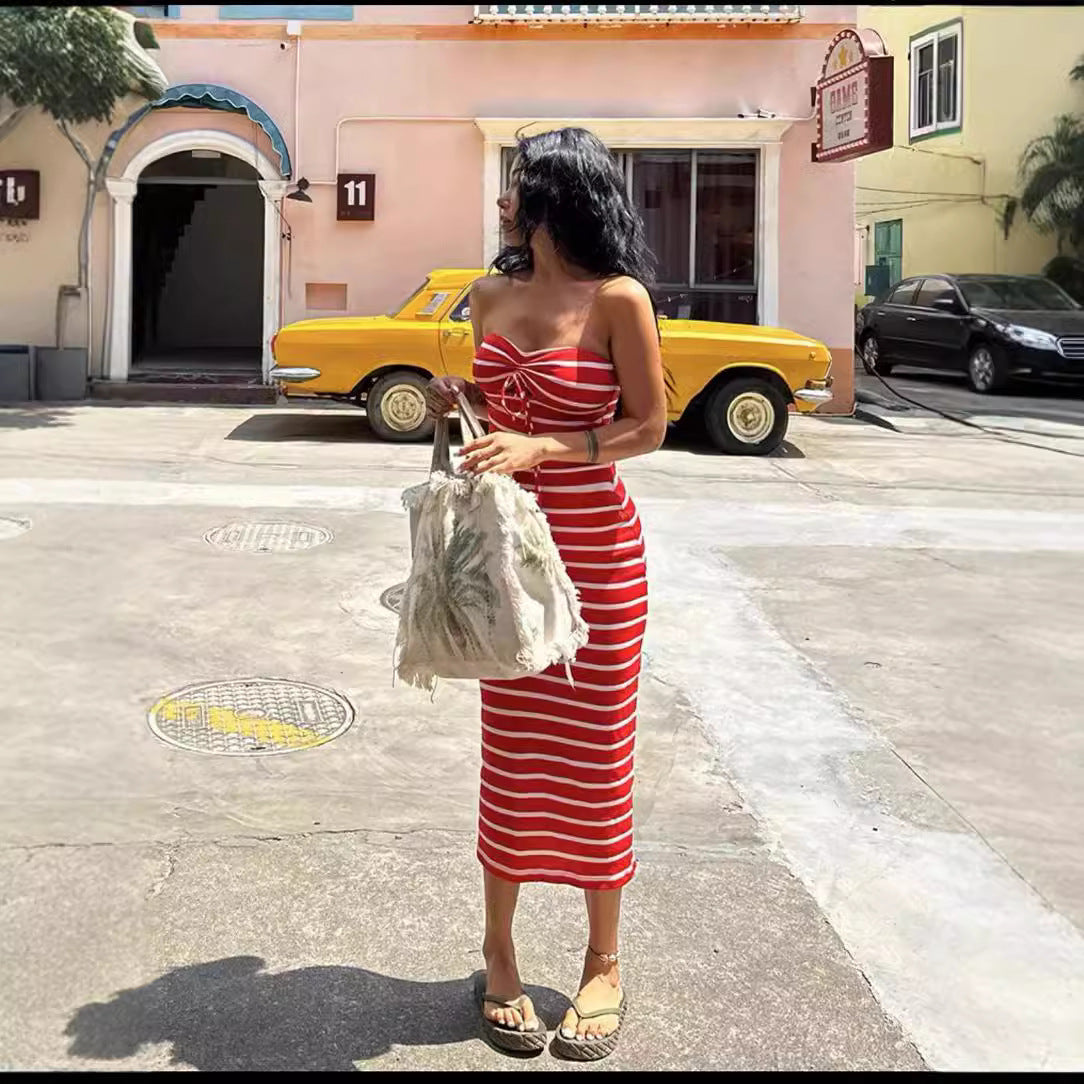 Striped Chest Wrap Hollow Sheath Pencil Dress - Norellé