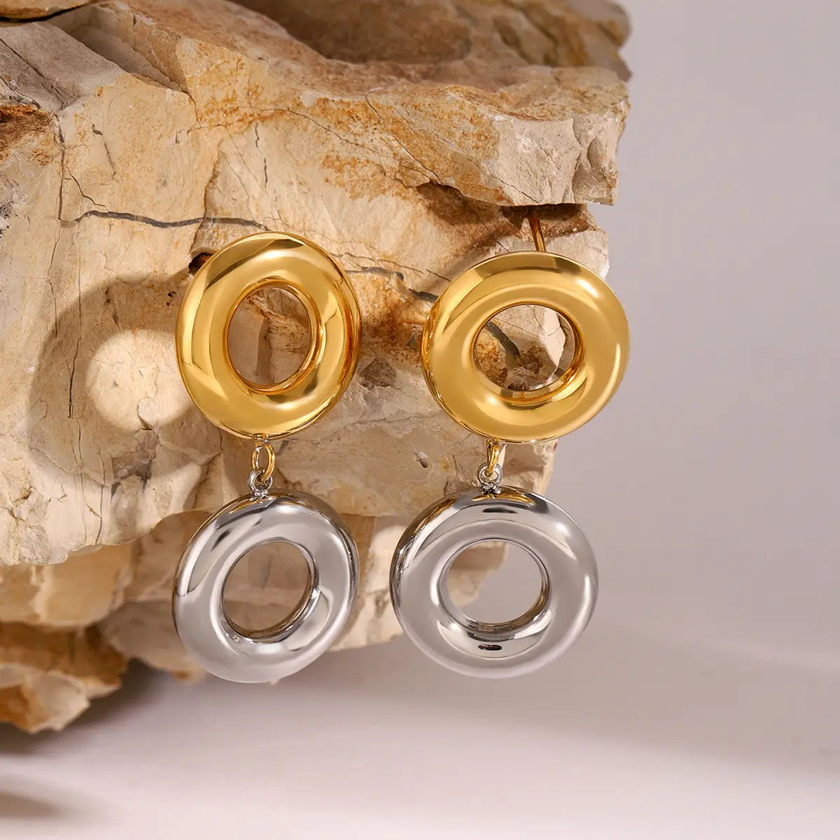 Stainless Steel Gold And Silver Contrast Color Ring Pendant Earrings