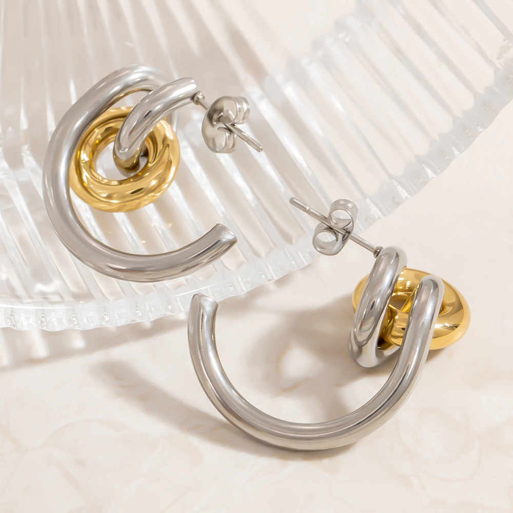 Special-interest Design Contrast Color Plating 18K Real Gold Titanium Steel Ear Studs Female - Norellé