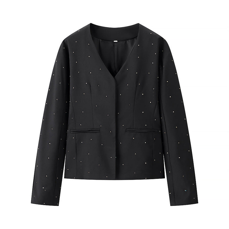 Simple And Versatile Loose V-neck Diamond Jacket - Norellé