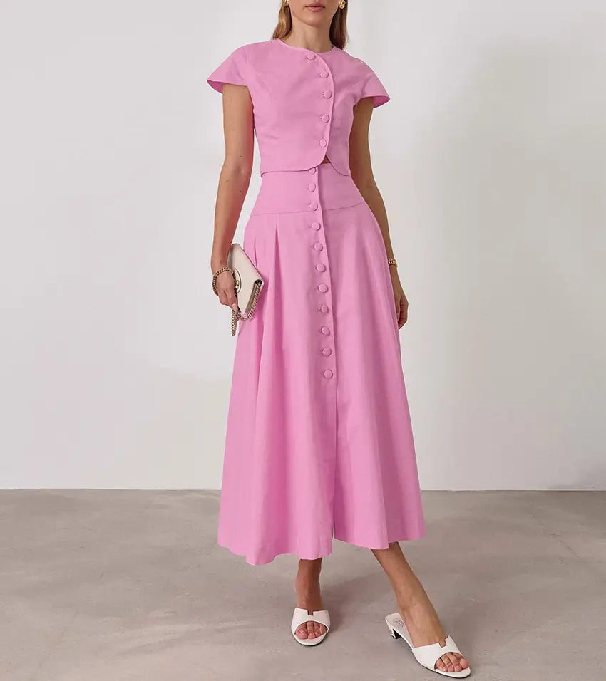 Cotton High Waist V-neck Dress Suit