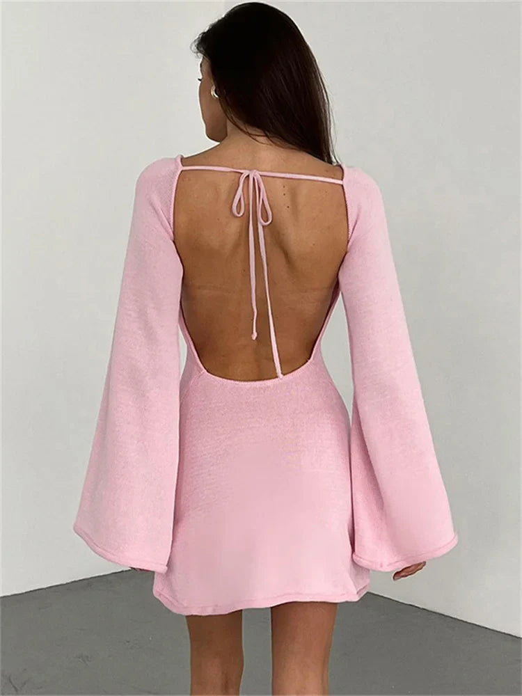 Backless Knitwear Lace-Up Mini Dress