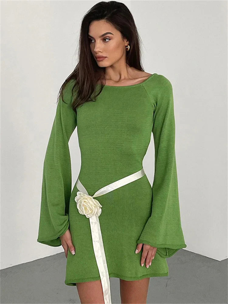 Backless Knitwear Lace-Up Mini Dress - green / L